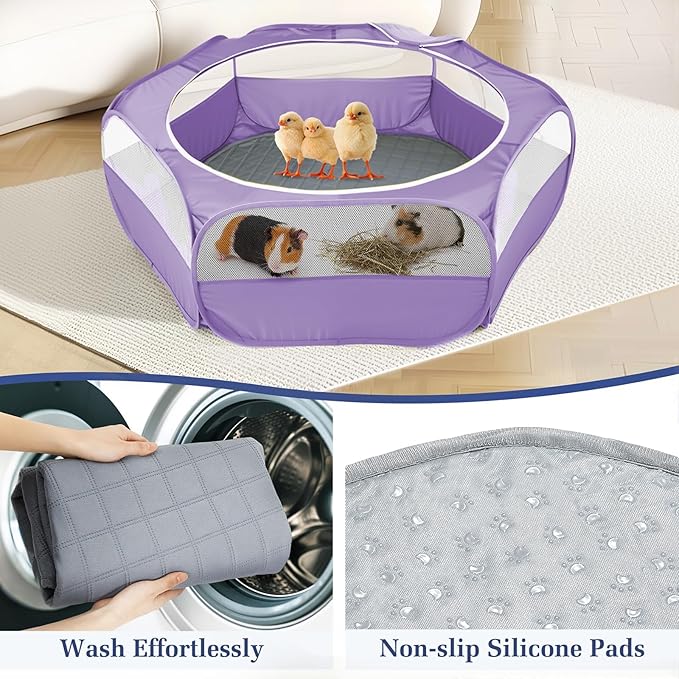 2-in-1 Small Animals Playpen with Pad, Waterproof Small Pet Cage Tent with Reusable Pad, Portable Outdoor Yard Fence with 3 Metal Rod for Chick/Kitten/Puppy/Guinea Pig/Rabbits/Chinchillas, Purple+Gray