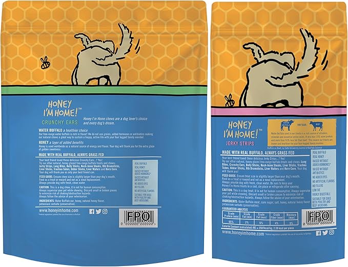 Honey I'm Home Crunchy Ears and Jerky Strips Buffalo Dog Chews and Treats Variety Pack of 2