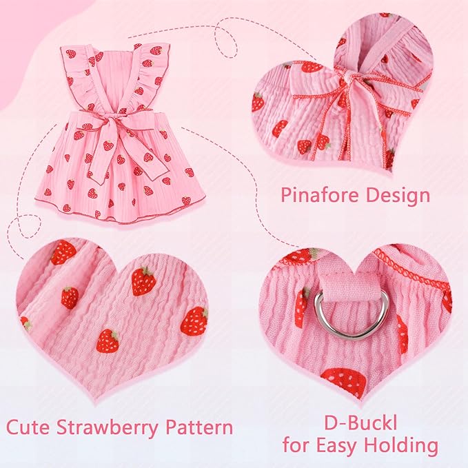 Dog Dress Clothes for Small Dogs Girl with Leash Ring & Bow Cat Dog Outfit Strawberry Printed Pet Cat Apparel Sweet Ruffled Chihuahua Yorkie Puppy Clothes