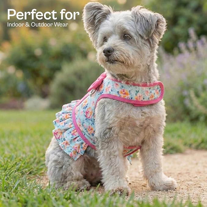 Parisian Pet Floral Dog Harness Dress - Breathable No Pull Puppy Dress with Pink Bow and Leash Ring - 100% Mesh Fabric Harnesses for Dogs - Soft Padded Step in Pet Vest - Dog Harness Medium Sized Dogs