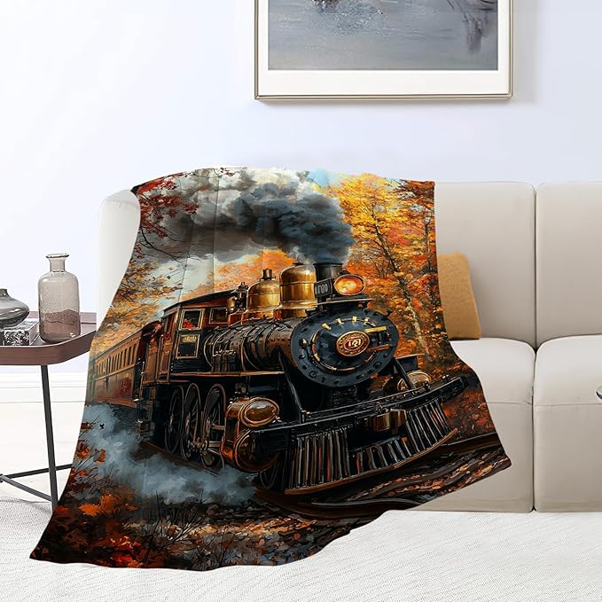 Train Blanket, Train Decor Throw Blankets, Gifts for Men Boys Girls Women Lover Adult Cozy Fleece Flannel Bedding Stuff Plush for Couch Sofa Bed Decor 50"X40"