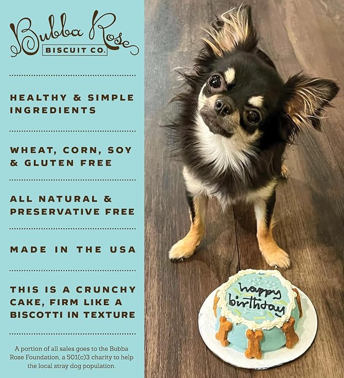 Bubba Rose Biscuit Company: Blue Dog Birthday Cake - Crunchy Biscuit Texture - Natural Gourmet Pet Treat - Dog Cake - 4.25” 1 Count - Made in The USA