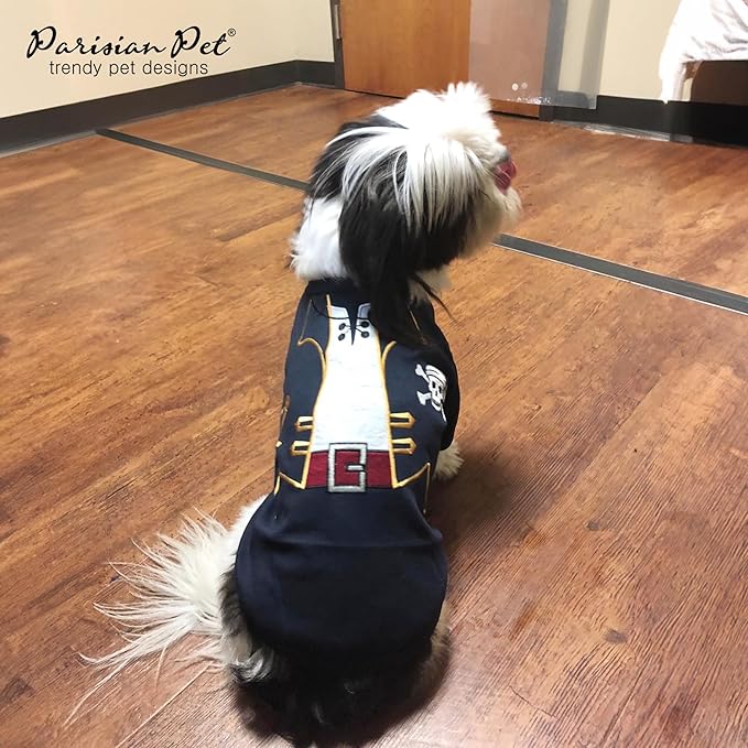Parisian Pet Captain Sparrow Dog Costume - 100% Cotton Black Dog Clothes for Small Dogs Boys - Lightweight Puppy Outfits - Funny Chihuahua Clothes - Cute Pirate Pet Shirt - Stretchy T Shirt for Dogs