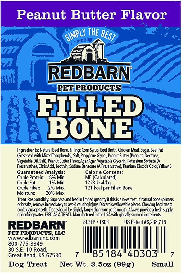 Redbarn Filled Dog Bones, Natural Long-Lasting Dental Treats; Suitable for Aggressive Chewers, Small (3") - 5 Bones (Peanut Butter)