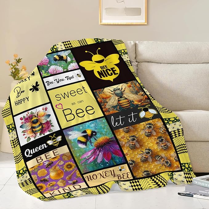 Bee Throw Blanket Bee Stuff Gifts for Kids Girls Boys Adults Women Men Soft Cozy Warm Plush Fluffy Fuzzy Fleece Blanket Decor 60''X80''
