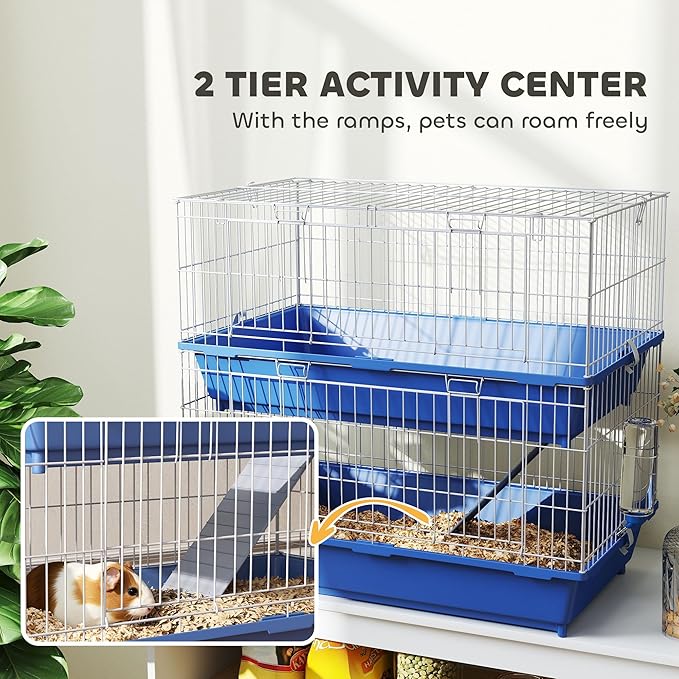 PawHut 2-Tier Guinea Pig Cage, Ferret Cage, Chinchilla Cage, Small Animal Cage Indoor with Dish and Bottle, 2 Doors, Deep Bottoms, Ramp, 28", Blue