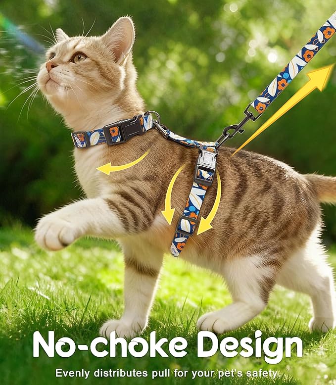 Halypet Cat Harness and Leash Set, Escape Proof 3-in-1 Adjustable Harness for Cats & Kitten, Soft Lightweight, Easy On & Control for Walking, Travel & Outdoor Use, Navy Floral, Small