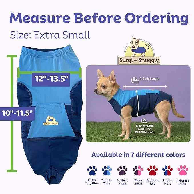 Surgi Snuggly Dog Surgery Recovery Suit - Dog Onesie for Post Surgery Recovery, Female Spay & Male Neuter, Surgical Suit for Dogs, E-Collar Cone Alternative, Double Blue - Extra Small - 10"-11.5" (EC)