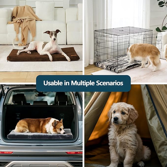 LIORCE Dog Crate Pad - Dog Bed Large Sized Dogs with Removable Washable Cover and Waterproof Lining - XL Memory Foam Pet Bed for Crate - Reversible Kennel Mat (Cool & Warm), 42-inch, Brown