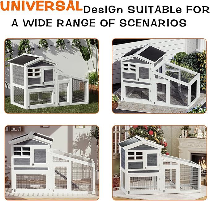 GarveeLife Rabbit Cage, Outdoor Weatherproof Bunny House Wooden, Indoor Bunny Cage with Run, Rabbit Hutch with Removable Tray, Grid Fences, Ramp 53.15" L x 23.62W 37.8" H Gray