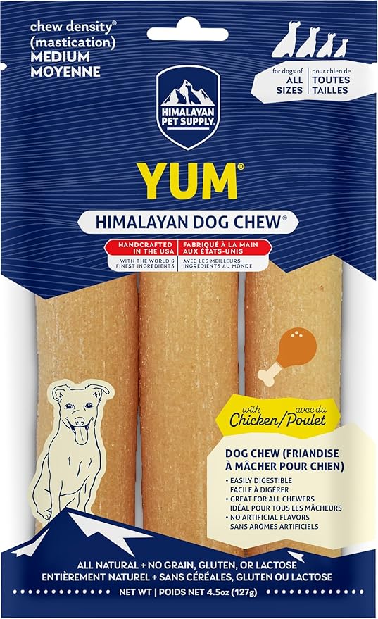 Himalayan Dog Chew Yak Cheese Dog Chews, Lactose Free & Grain Free, USA Made, for All Dog Breeds, Medium Density Cheese Chew, Resealable Pouch with 3 YUM Treats, Chicken Flavor