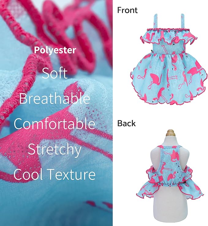 Fitwarm Flamingo Dog Dress: Summer Ruffled Hawaiian Dog Sundress, Pet Outfit - Blue, Pink, Small