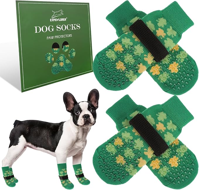 EXPAWLORER Anti Slip Dog Socks to Prevent Licking Paws, Dog Shoes Booties for Small Medium Large Senior Dogs, Traction Control Boots & Paw Protectors for Hardwood Floors St. Patrick's Day Green M