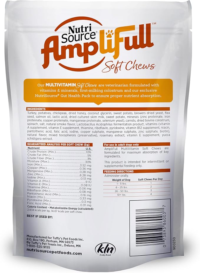 NutriSource AmpliFull Turkey Flavor Multivitamin Soft Chews for Dogs, Daily Supplement with Bovine Colostrum, Essential Vitamins & Minerals for Overall Health, 70 Chews (1 Pack)
