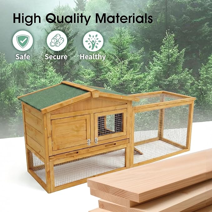Wooden Rabbit Hutch Indoor and Outdoor, Large Rabbit Cage Chicken Coop Expandable, Weatherproof Bunny Cage with Anti-Chew Metal Frame Ramp for Backyard Small Animals Natural