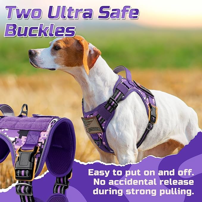 rabbitgoo Tactical Dog Harness for Small Dogs, No Pull Military Service Vest with Handle & Molle, Easy Control for Training Walking, Adjustable Reflective Straps, Purple Camo, S