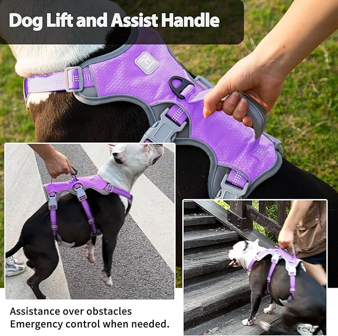Huntboo Escape Proof Dog Harness, Escape Artist Harness, Reflective Harness with Padded Handle, Breathable, Adjustable Vest for Medium Dogs Walking, Training, and Running Gear (Lavender Purple, L)