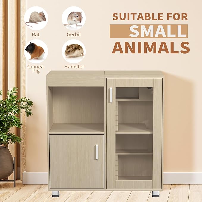 Hamster Cage Furniture with Storage Cabinet, House for Rat Chinchilla, 4-Tier Wood Habitat with Small Animal Cage for Rat, Hedgehog,Chinchilla with Openable Top (Teak)