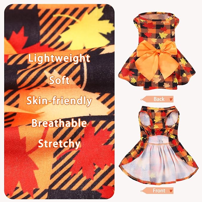PUPTECK Plaid Dog Dress Pet Apparel for Autumn with Cute Bowtie Puppy Clothes Outfit, Maple Leaf, XS