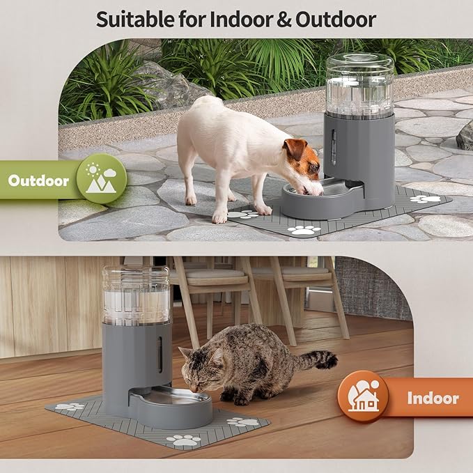 JUNSPOW Cat Water Dispenser with Placemat and Stainless Steel Bowl, Automatic Gravity Water Dispenser for Cats or Small Medium Size Dogs, Large Capacity, Easy to Clean and Safe for Pets (4L)
