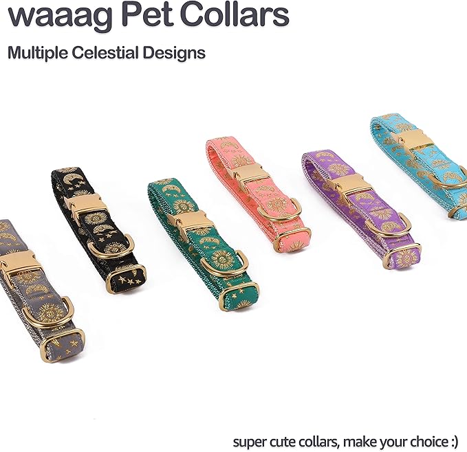 waaag Pet, Moons Stars Suns Dog Collar Cat Collar, Multiple Designs Crescent Celestial Dog Cat Collar Leash Harness Medium (Pack of 1)