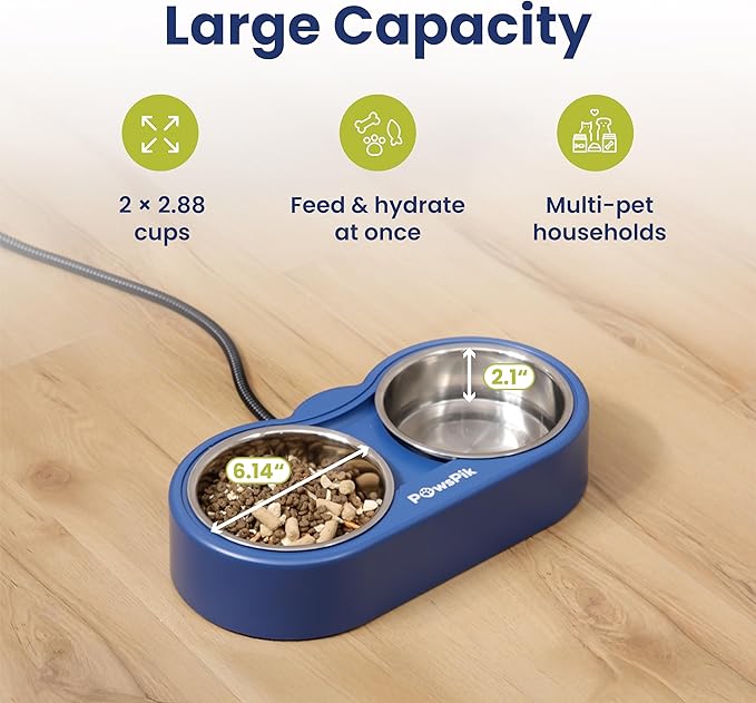 PawsPik Heated Water Bowl for Cats, 18/8 Stainless Steel Heated Pet Bowl, Outdoor Cat Bowl in Winter, Blue, 3 Cups