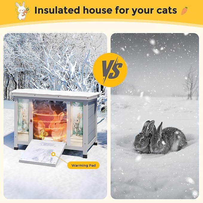 Coziwow 25" Insulated Cat House Bunny Hutch for Outdoor & Indoor Use - Solid Wood Rabbit Cage with Winter Warm Liner, Lightweight Weatherproof Shelter for Cats, Rabbits, Small Animals (Gray)