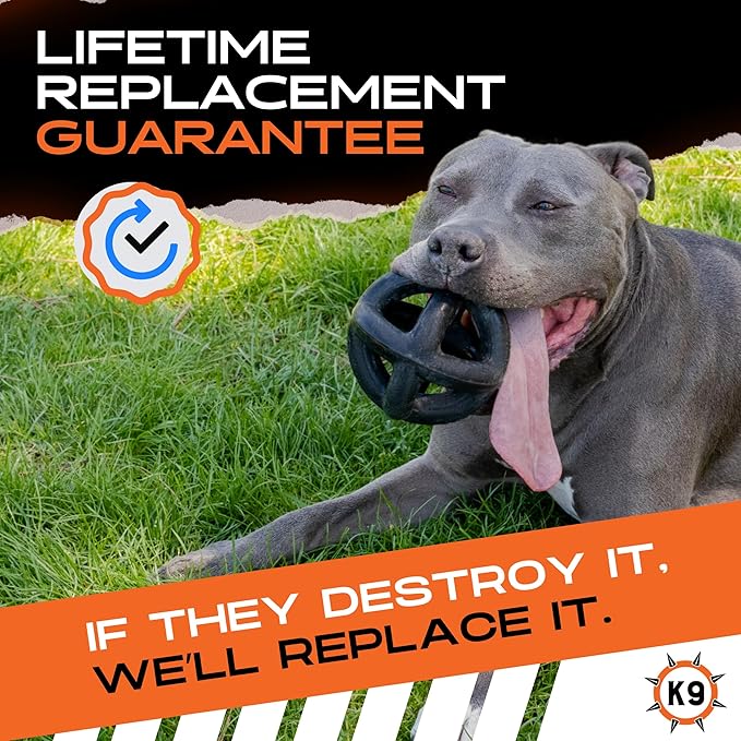 Monster K9 Indestructible Dog Ball – Lifetime Replacemnet - Durable Dog Toy for Aggressive Chewers - Safe, Non-Toxic Natural Rubber - Chew, Tug & Fetch - Tough, Heavy Duty - 5.5” (2X Tennis Ball Size)