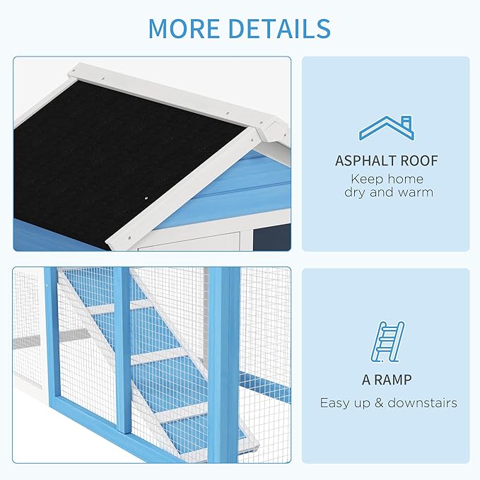 PawHut 49" Wooden Rabbit Hutch Bunny Cage with Waterproof Asphalt Roof, Fun Outdoor Run, Removable Tray and Ramp, for Rabbits, Chickens, Ducks, Light Blue