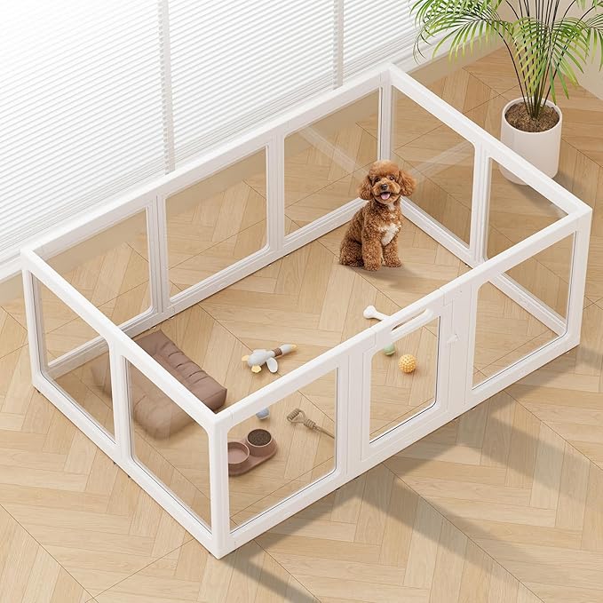 Clear Acrylic Dog Playpen Indoor, Puppy Cat Small Pet Play Pen, Pet Cat Playpen for Rabbits, Dog Fence Crate Kennel Whelping Cage (30", White, 10 Panel)