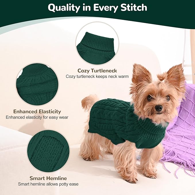 2 Pack Dog Sweaters for Small Dogs Winter Turtleneck Pullover Cable Knit Fleece Stretch Puppy Doggie Chihuahua Toy Poodle Yorkie Pomeranian Boy Girl Pet Clothes (S, Green & Brown)