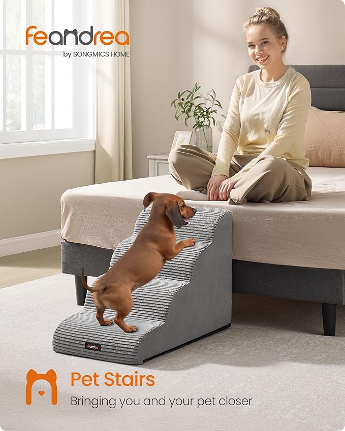 Feandrea 4-Step Dog Stairs, Dog Steps for Bed, Sofa, Waterproof Pet Stairs with Anti-Slip Designs, Gentle Slope, Removable Washable Cover, Handle, Dove Gray UPPS004G01
