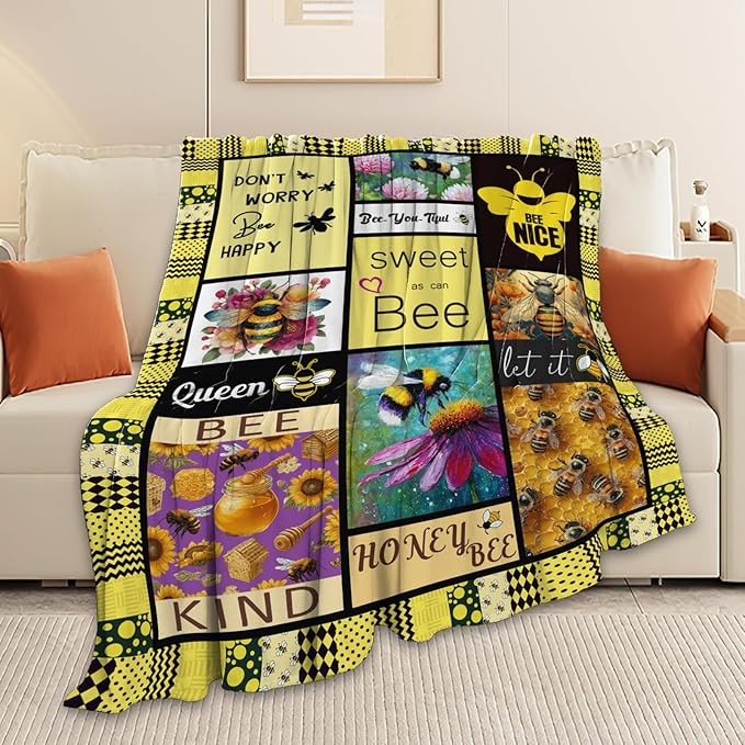 Bee Throw Blanket Bee Stuff Gifts for Kids Girls Boys Adults Women Men Soft Cozy Warm Plush Fluffy Fuzzy Fleece Blanket Decor 60''X80''