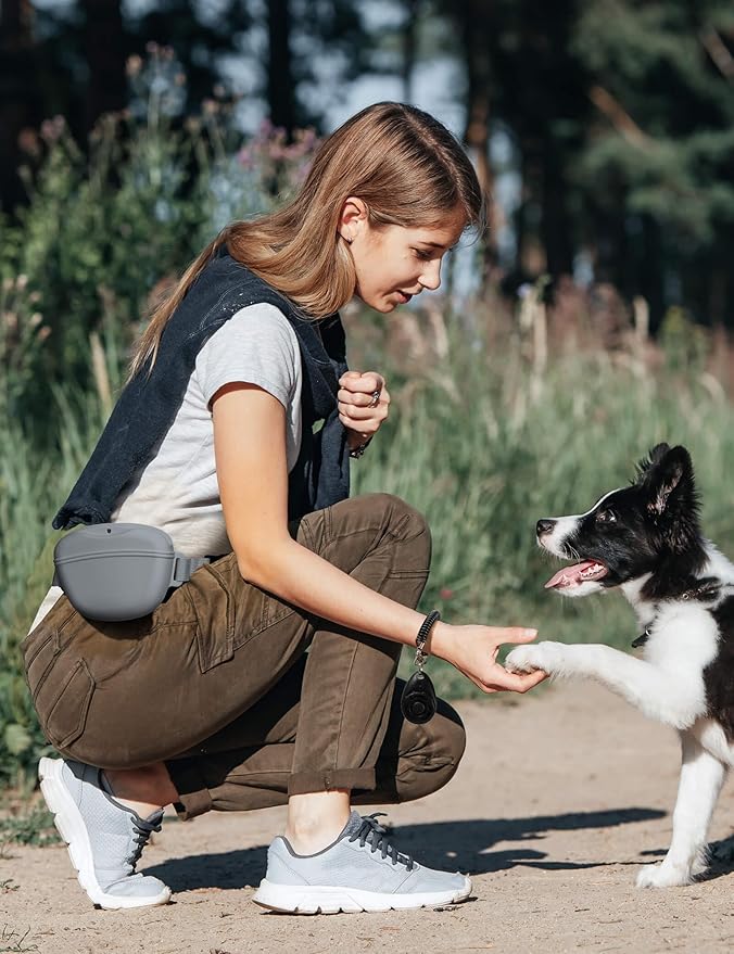 Dog Treat Pouch with Training Clicker, Upgrade Stronger Magnetic Closure to Avoid Spilling, 1.67 Cup Silicone Treat Bag Fanny Pack with Waist Belt for Pet Training Walking (Grey)