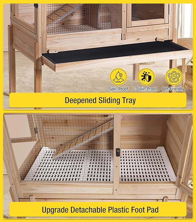 Aivituvin Guinea Pig Cages, Rabbit Hutch with Anti-Chew Frame, Bunny Cage with Deepened Pull-Out Tray, 3 Openable Areas, Assemblable Legs, Ramp & Hideout Included - Wooden
