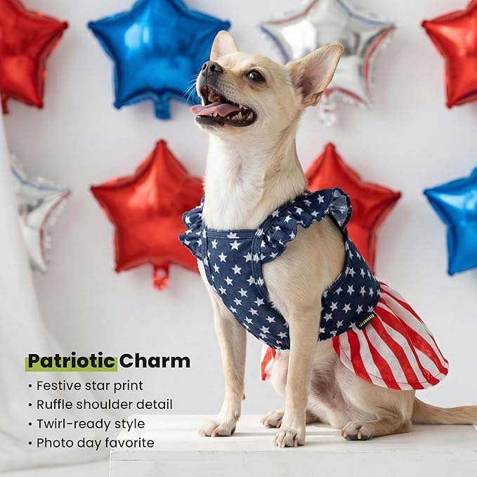 Fitwarm 4th of July Star Dog Dress, Patriotic Clothes for Small Dogs Girl, Festive Pet Outfit, Blue, Red, White, Small