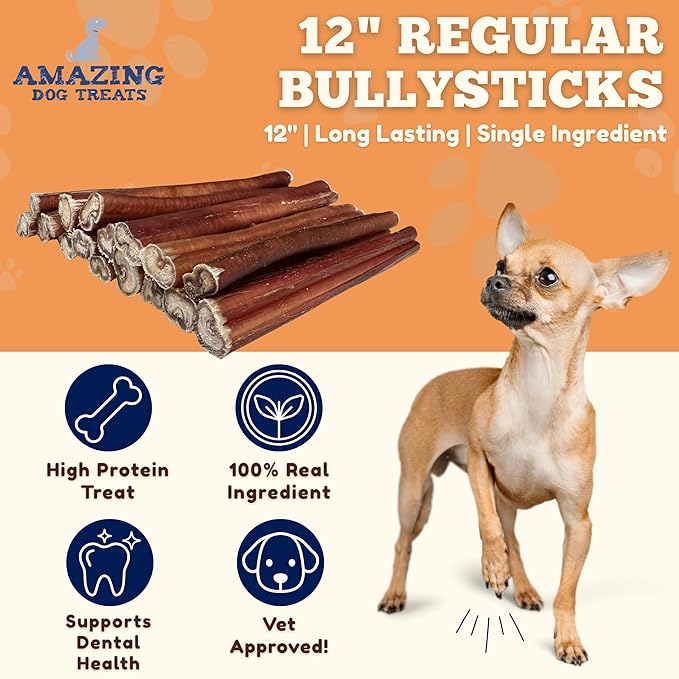Amazing Dog Treats - 12 Inch Medium Size Bully Sticks (6 Count) - Bulk Bully Sticks for Dogs - No Hide Bully Stick Dog Bones