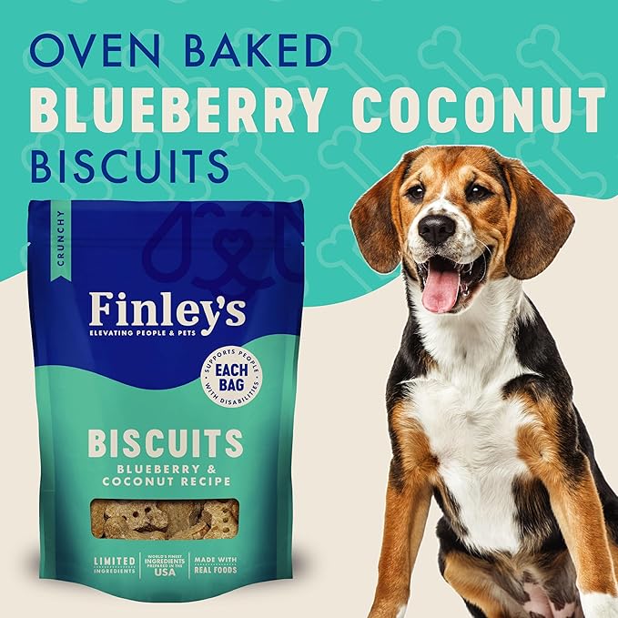Finley's Crunchy Dog Biscuits, Blueberry and Coconut, Plant-Based Healthy Treats, Oven Baked Dog Cookies, 12oz, 3 Pack