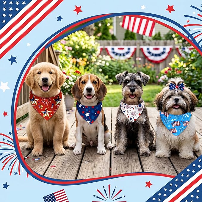 Weewooday 50 Pcs Patriotic Dog Bandanas Bulk Memorial Day Bandanas for Dogs Triangle Scarf Set for 4th of July 1776 Red White and Blue for Small Medium Large Outfit(Star, 25.6 x 17.7 x 17.7 Inch)