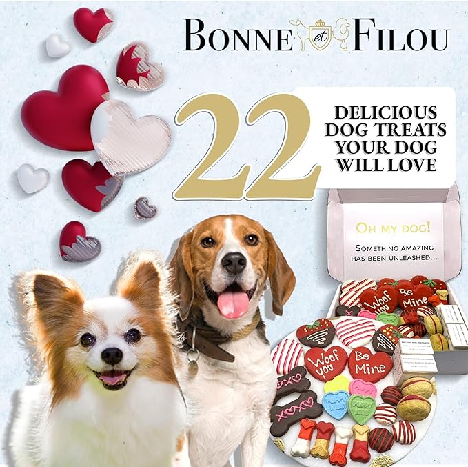 Bonne et Filou Valentine Dog Treats, Gift Box of 22 Luxury Macarons, Truffles & Bone Cookies, Healthy & Delicious Snacks for Medium to Large Dogs