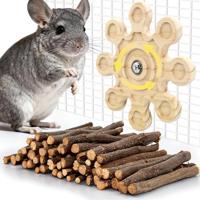 Rotating Chinchilla Chew Toys for Teeth and 250g(0.55lb) Organic Apple Sticks, Natural Wooden Chinchilla Cage Accessories Enrichement for Playtime Puzzle, Chinchillas Treats Molar Wood
