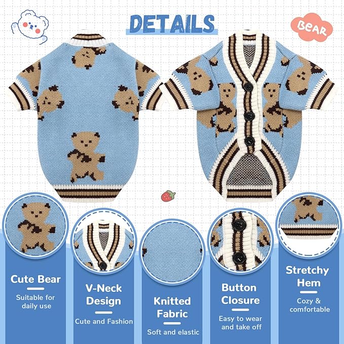 Small Dog Sweaters Cute Bear Dog Cardigans Clothes for Small Medium Dogs Boy Girl Puppy Cat Knitting Cardigan Outfits Dogs Winter Coats Warm Pet Doggy Clothes Soft Knitwear Apparel (Blue,XS)