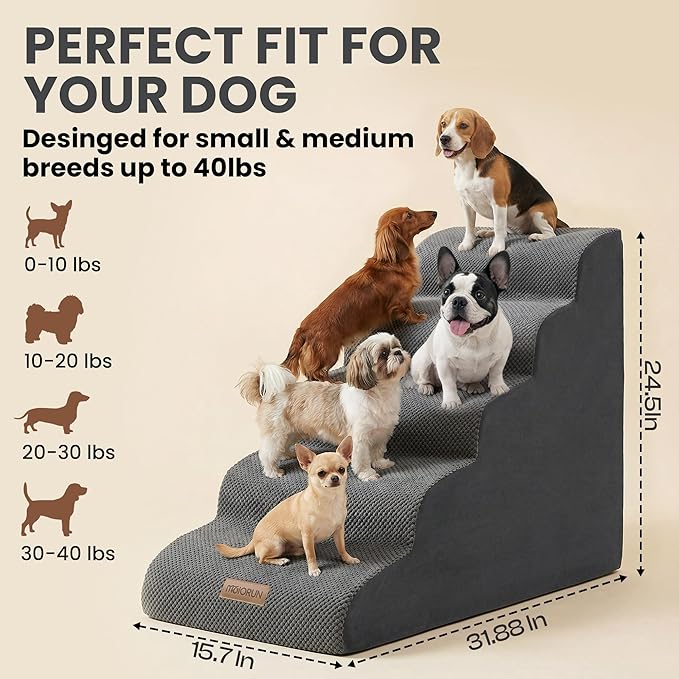 Dog Stairs for High Beds Up to 30", Extra-Tall 5-Step Dog Steps for Bed, 24.5" Tall Foam Pet Stairs for Small & Medium Dogs, Gentle Slope Cat Ramp for Bed with Washable Cover