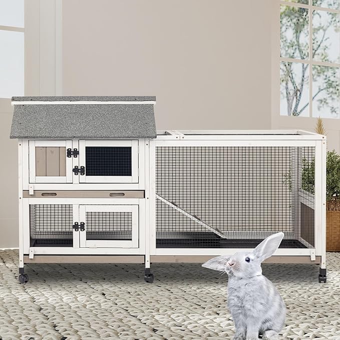 Gowoodhut 2-Story 60.6"L Rabbit Hutch Indoor and Outdoor with 6 Wheels,Wooden Rabbit Cage with 3 Pull Out Leak-Proof Trays for 2-4 Rabbits,Bunny Hutch with Asphalt Roof Bunny Cage with 6 Accesses,Grey