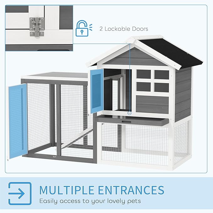 PawHut 49" Wooden Rabbit Hutch Bunny Cage with Waterproof Asphalt Roof, Fun Outdoor Run, Removable Tray and Ramp, for Rabbits, Chickens, Ducks, Gray