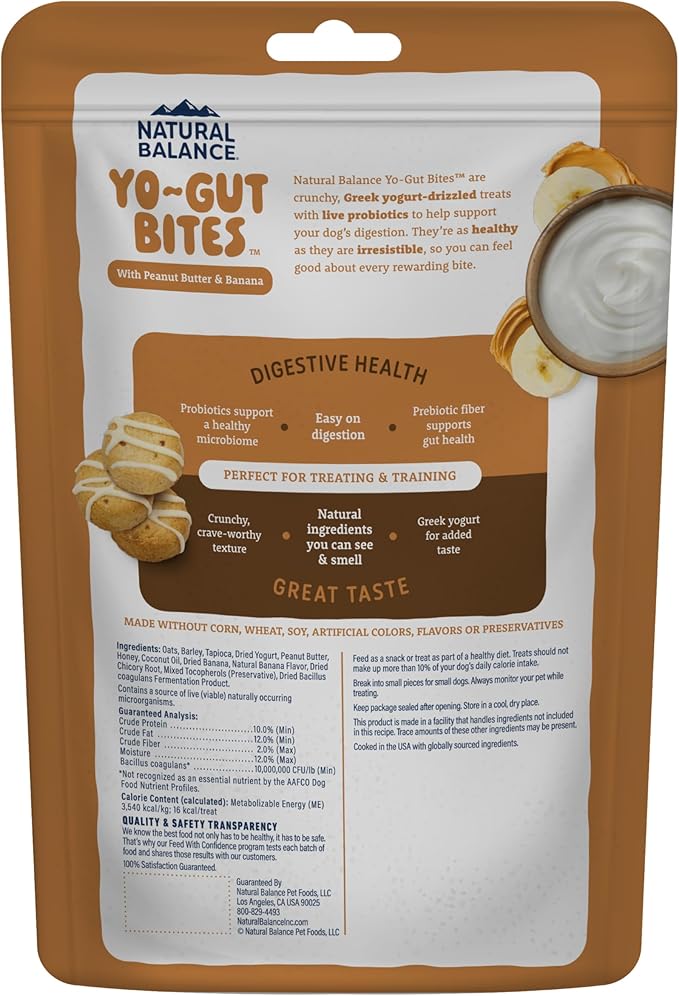 Natural Balance Yo-Gut Bites Crunchy Dog Treats with Real Peanut Butter & Banana, Greek Yogurt Drizzle, Probiotics for Digestive Support, 10oz Bag