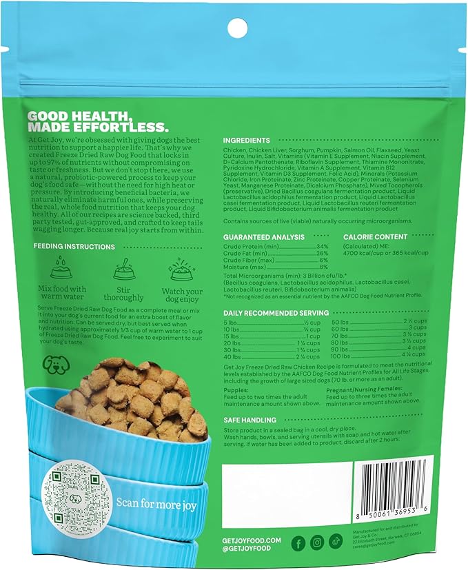 Get Joy Freeze Dried Dog Food | Chicken Recipe with Superfoods for Gut Health & Digestion | Vet Formulated Meal or Topper for Puppy, Senior & Adult Dogs, 100% USDA Sourced, Seed Oil Free | 4oz Bag