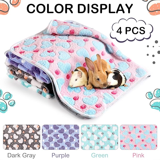 Reginary 4 Pcs Waterproof Guinea Pig Blankets Washable Small Animal Fleece Bedding Guinea Pig Cage Liners Reusable Training Pads Pet Pee Pad Sleep Mat for Hamster(Heart Pattern,35 x 24 Inch)