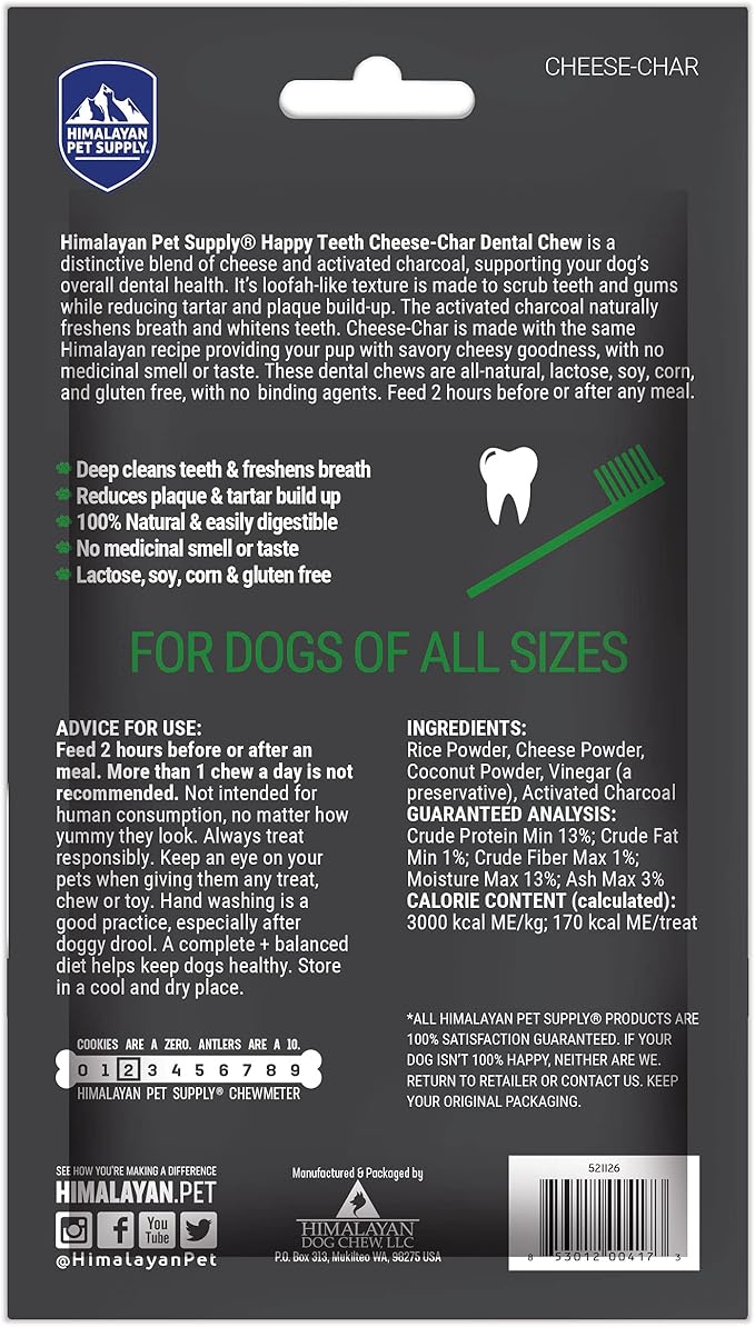 Happy Teeth Cheese & Charcoal Dental Dog Chews | Cheese Flavor with Activated Charcoal | Dental Chew | Protein Rich | Gluten Free - Lactose Free - Wheat Free - Soy Free| 2 Chews per Resealable Pouch