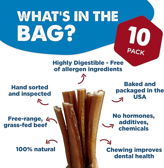 Best Bully Sticks 12 Inch Bully Sticks for Dogs - 10 Count (Pack of 1) - Natural, Easily Digestible, 100% Grass-Fed Beef, Grain and Rawhide Free